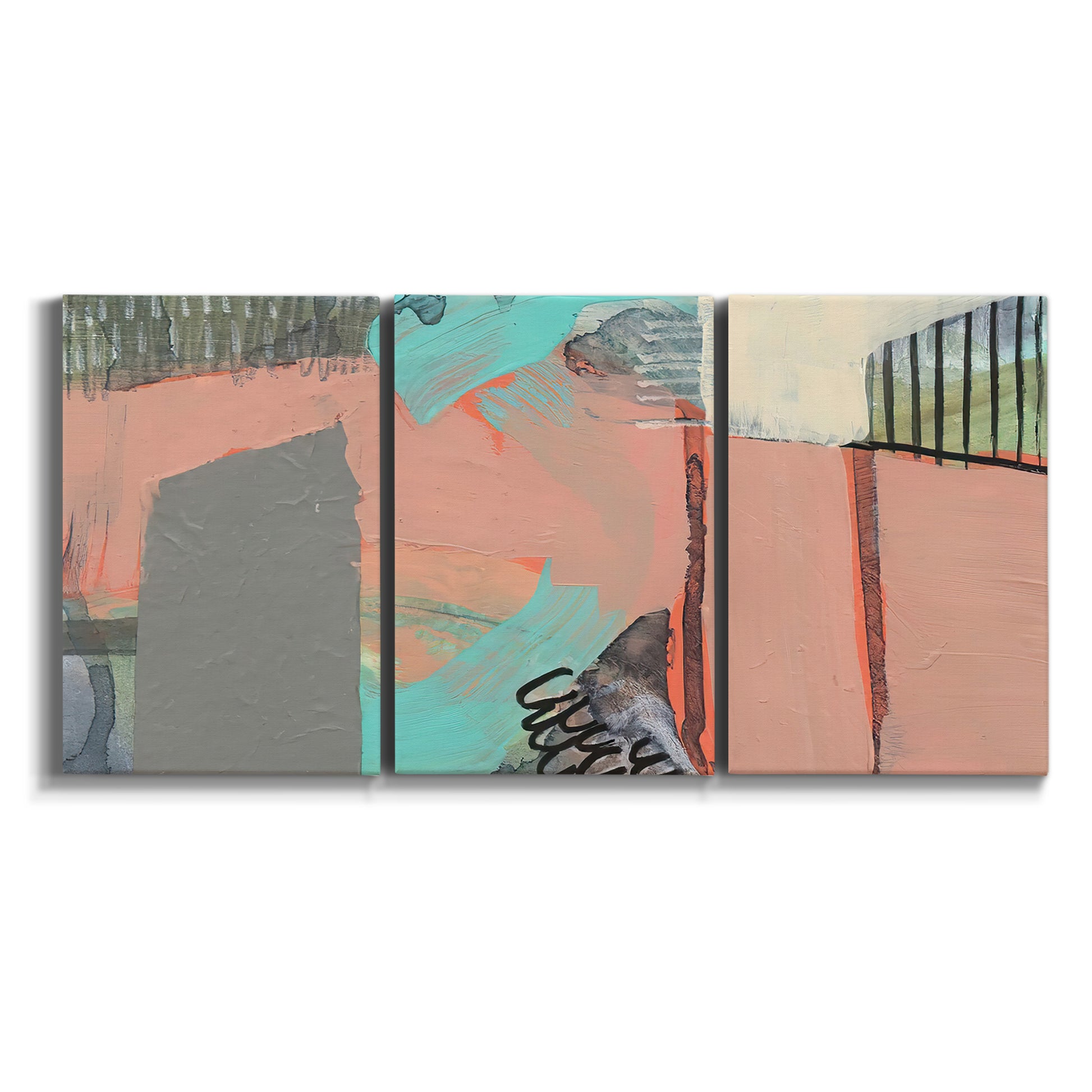 Three-panel canvas wall art featuring layered mid century abstract pathways on white background.