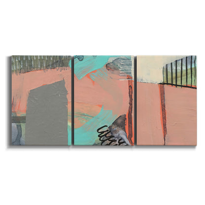 Three-panel canvas wall art featuring layered mid century abstract pathways on white background.