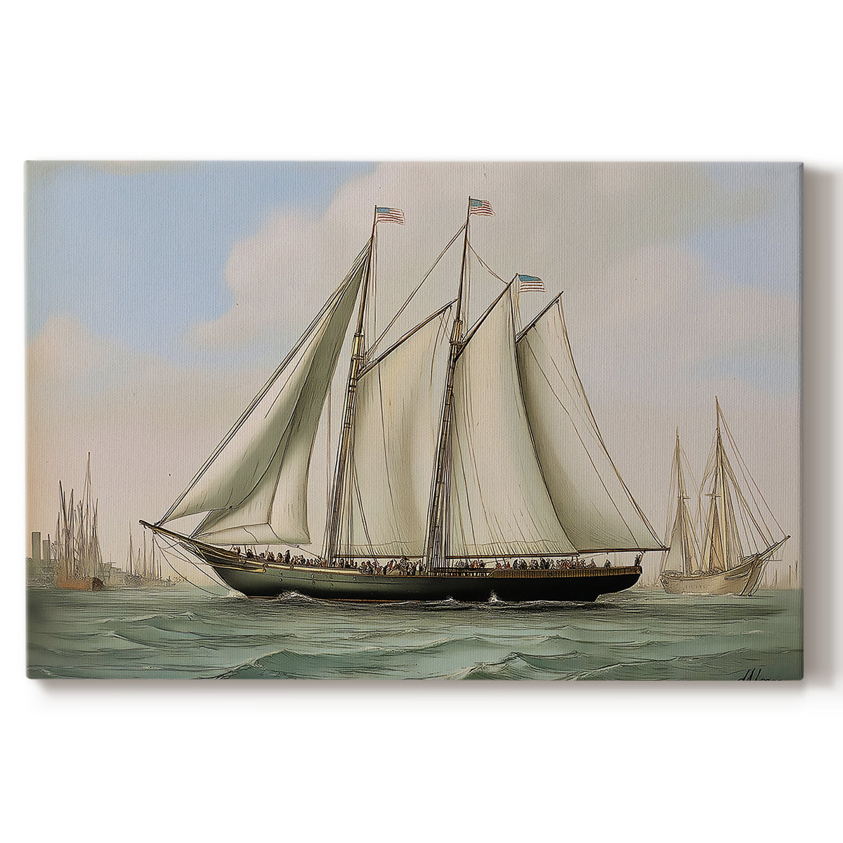 coastline,calm waters,flags,historic vessel,navigation,seascape,maritime,boats,sails,ocean,wind,sky,travel,adventure,exploration,watercraft,shipping,transportation,nautical,heritage,sailing,crew,evening light,scenery,harbor,waterway,shoreline,marine,architecture,craftsmanship,tradition,fishing boats,sea breeze,leisure,ship design,historical significance,artistry,landscape,sky reflection