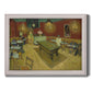 Impressionist interior of a night café by Vincent van Gogh printed on canvas in an ornate weathered white frame.