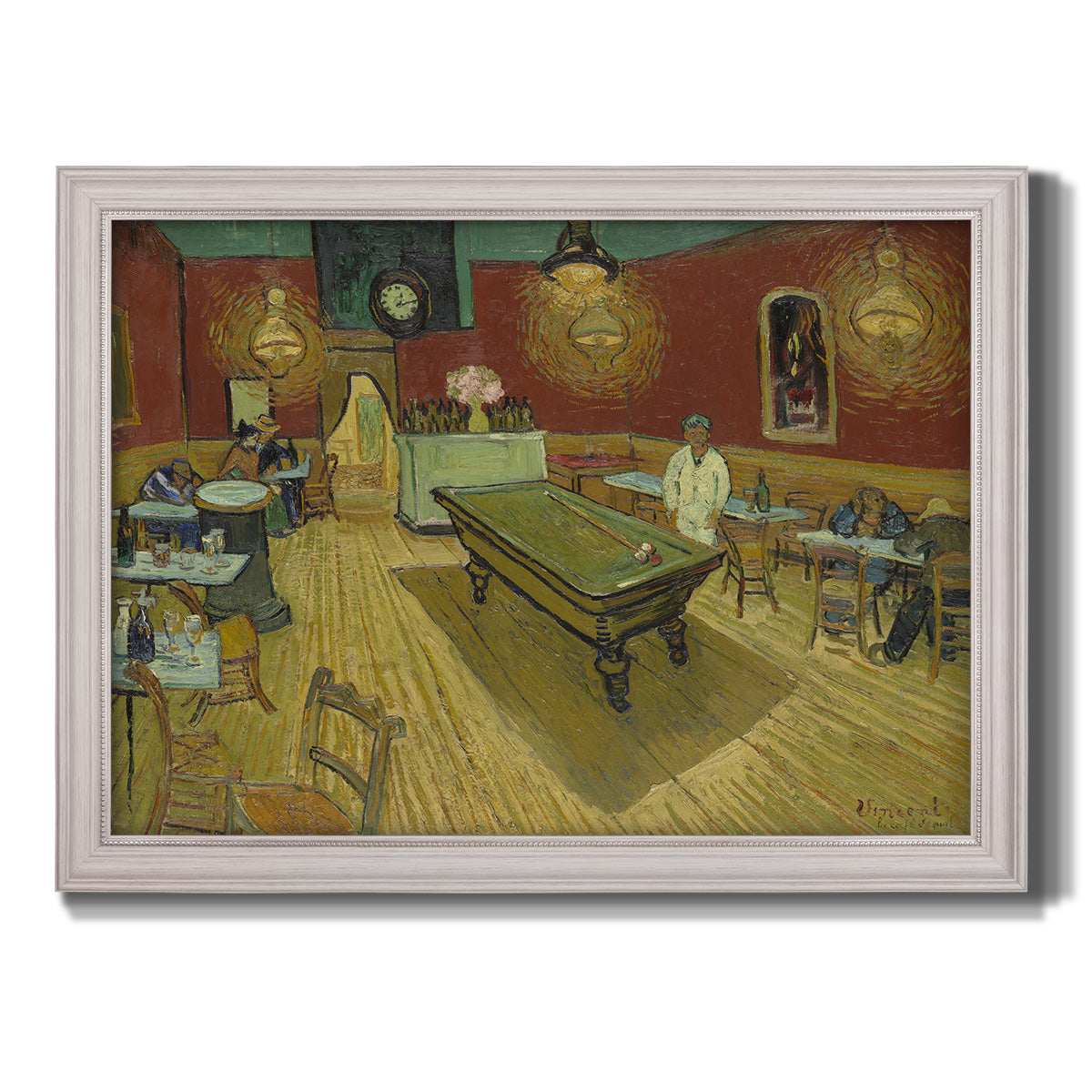 Impressionist interior of a night café by Vincent van Gogh printed on canvas in an ornate weathered white frame.