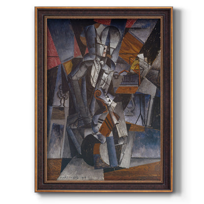 Modern abstract portrait of a musician by Louis Marcoussis printed on canvas in an ornate bronzed mahogany wood frame with a vertical orientation.