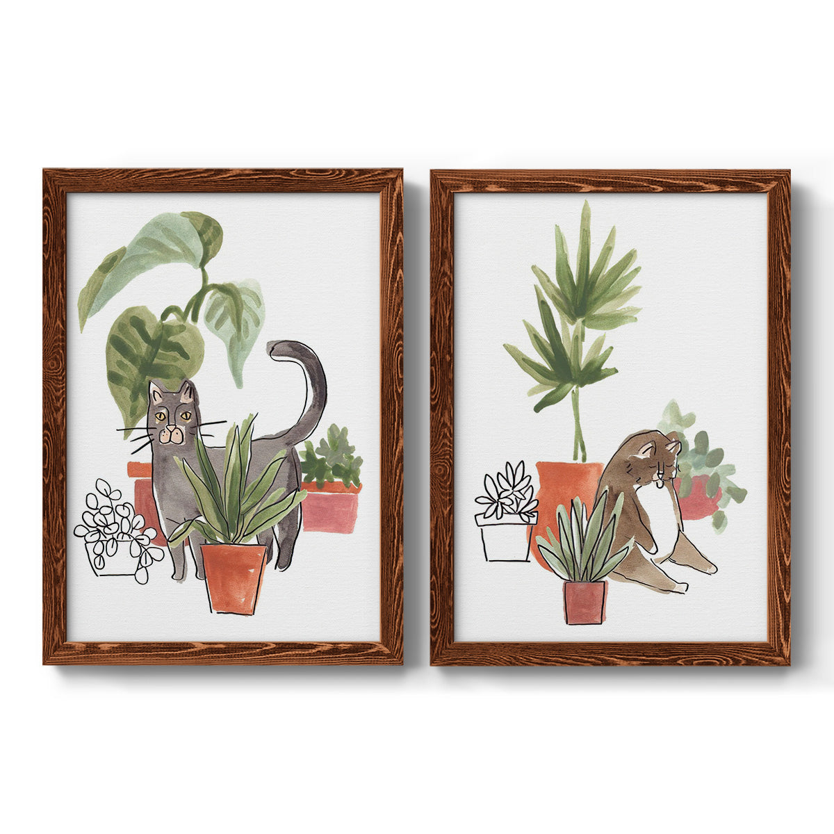 Purrfect Plants I - Premium Framed Canvas 2 Piece Set - Ready to Hang