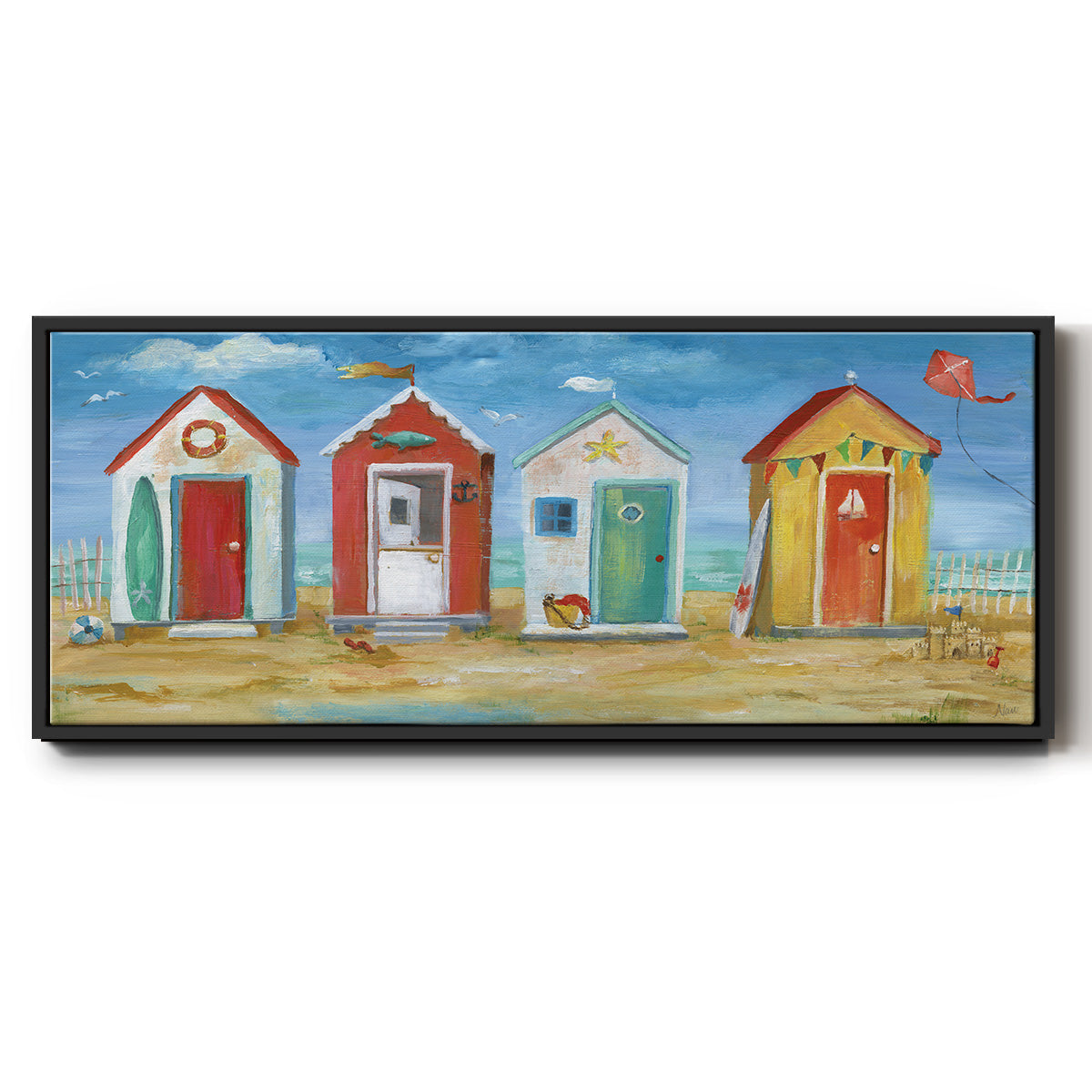 Bright Beach Huts - Floater Framed Canvas Print