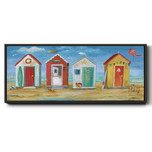 Bright Beach Huts - Floater Framed Canvas Print