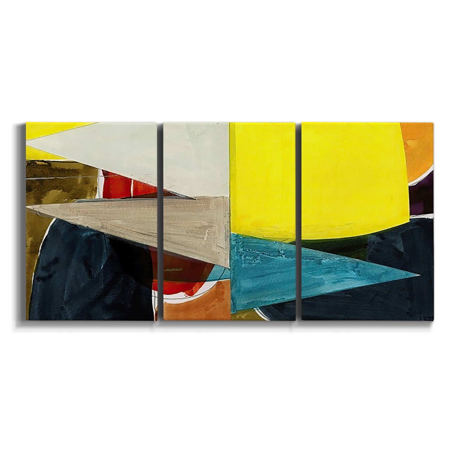 Three-panel canvas wall art featuring geometric mid century abstract blocks on white background.