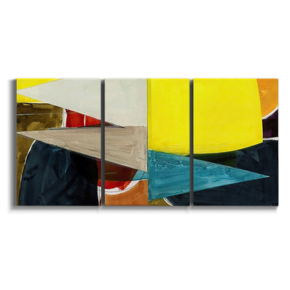 Three-panel canvas wall art featuring geometric mid century abstract blocks on white background.