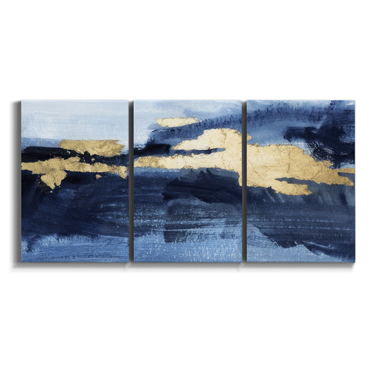 Three-panel canvas wall art featuring coastal shoreline with distant land on white background.