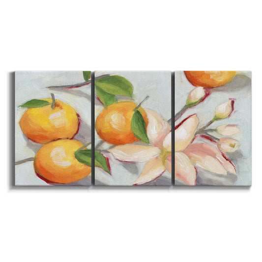 Three-panel canvas wall art featuring bright tangerine still life blossoms on white background.