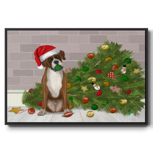 Christmas Boxer and Broken Christmas Tree - Framed Gallery Wrapped Canvas in Floating Frame