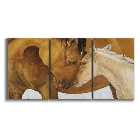 Three-panel canvas wall art featuring gentle horse portrait illustration on white background.