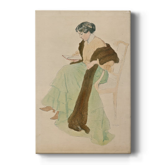 Canvas art print featuring a soft watercolor portrait of a woman reading in a quiet setting on a clean white background.