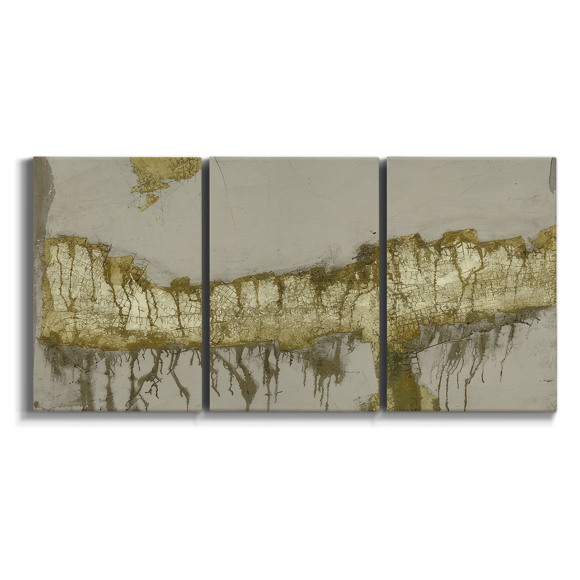 Three-panel canvas wall art featuring gold accented abstract ravine on white background.