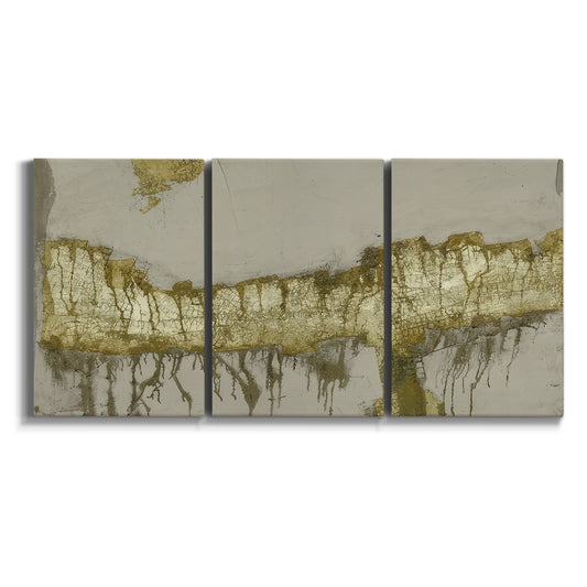 Three-panel canvas wall art featuring gold accented abstract ravine on white background.