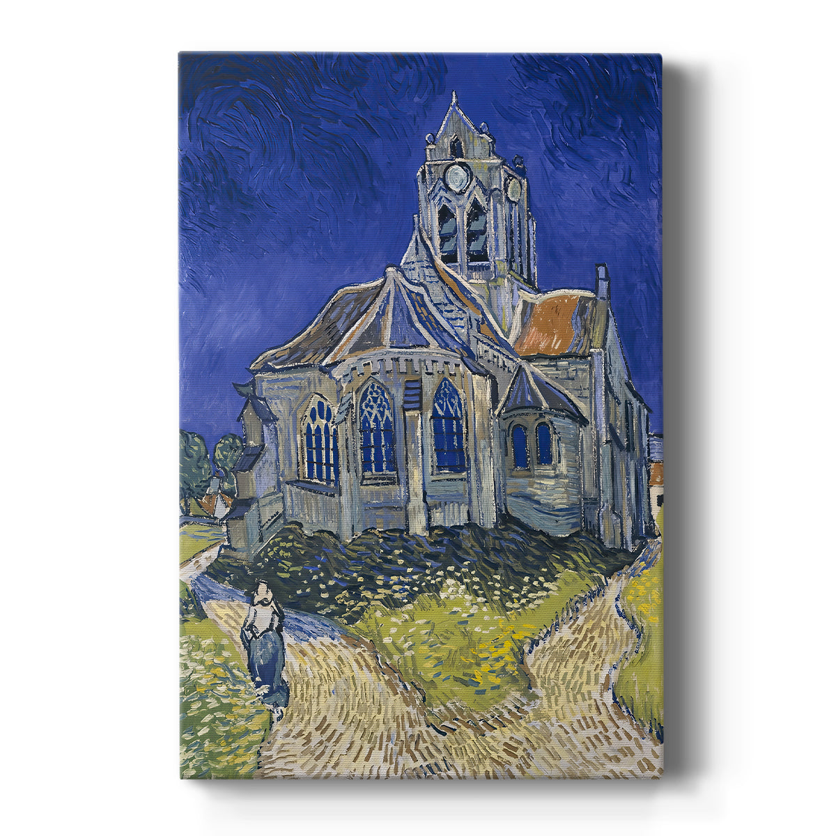 Canvas art print featuring an expressive landscape of a church with swirling lines and vivid color on a clean white background.