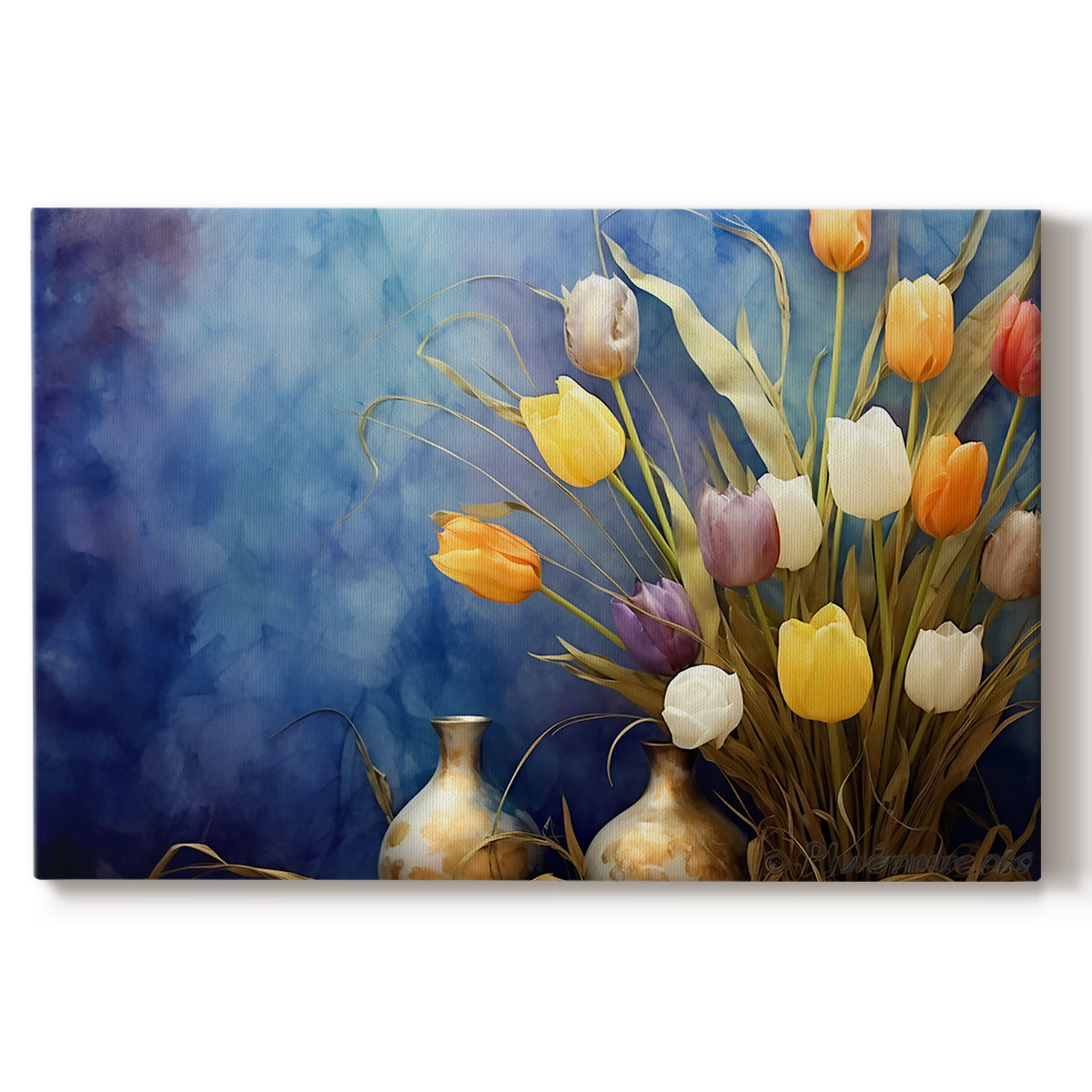 tulips,flowers,bouquet,vases,blue background,colorful arrangement,morning light,floral decor,nature,home decor,still life,indoor gardening,flower arrangement,spring,vibrant colors,beauty,petal,yellow,orange,white,pink,purple,green,composition,textures,decoration,elegance,art,floral display,aesthetic,visual art,design,craftsmanship,gardening,interior design,vibrant shades,creative arrangement,serene setting