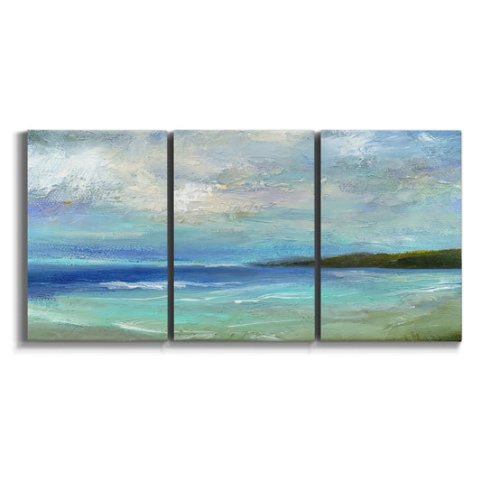Three-panel canvas wall art featuring narrow island inlet waters on white background.