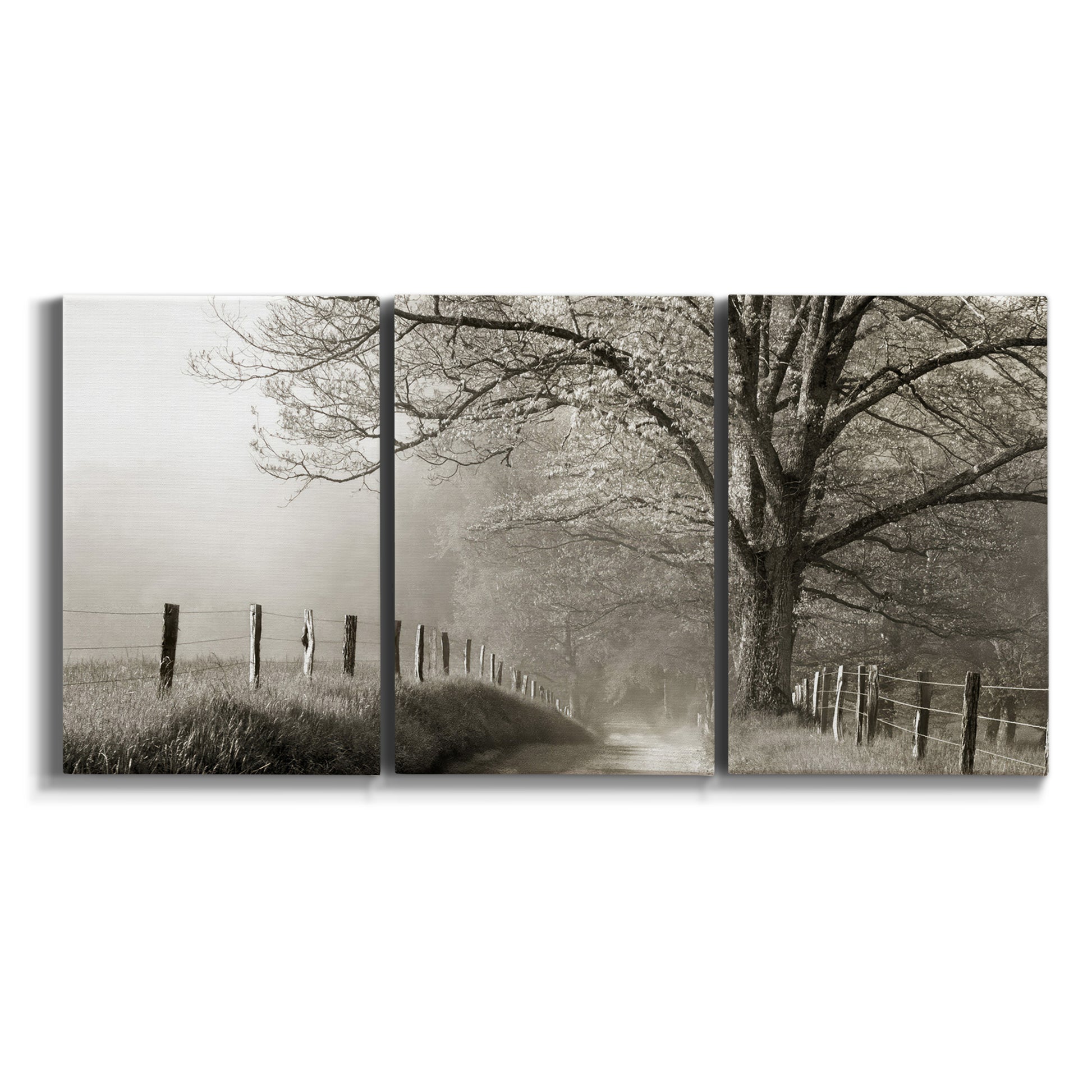 Three-panel canvas wall art featuring fenced rural path through countryside on white background.