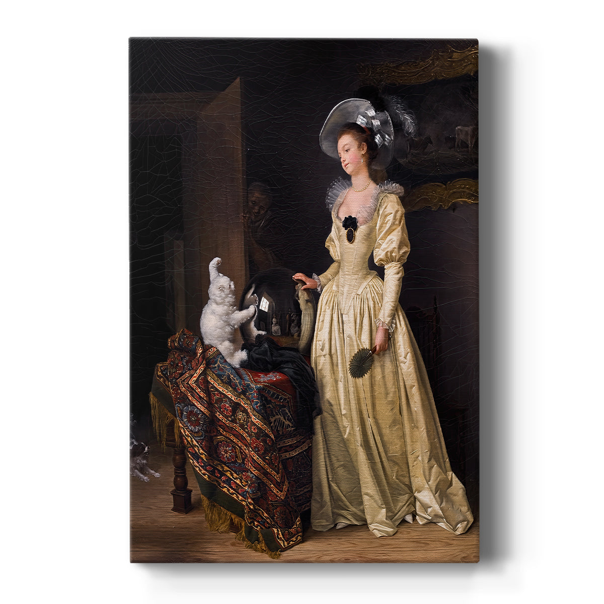 Canvas art print featuring a Rococo scene of a woman holding a white cat in a softly lit interior on a clean white background.