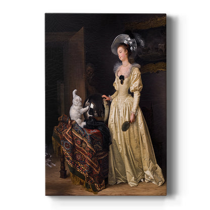 Canvas art print featuring a Rococo scene of a woman holding a white cat in a softly lit interior on a clean white background.