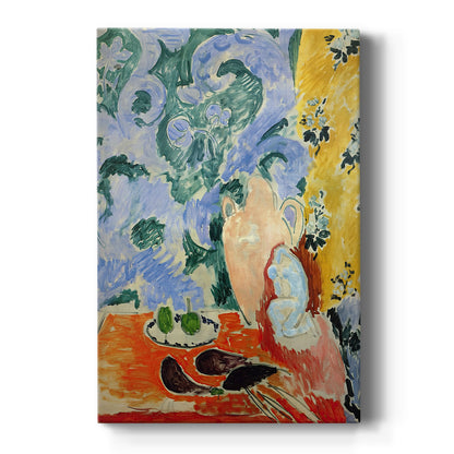 Canvas art print featuring an expressionist still life of aubergines with bold color and simple forms on a clean white background.