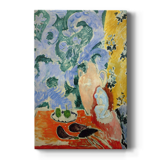 Canvas art print featuring an expressionist still life of aubergines with bold color and simple forms on a clean white background.
