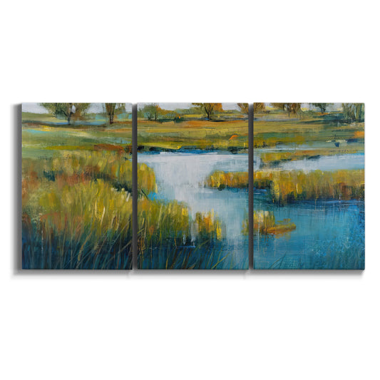 Three-panel canvas wall art featuring pastoral marshland landscape on white background.