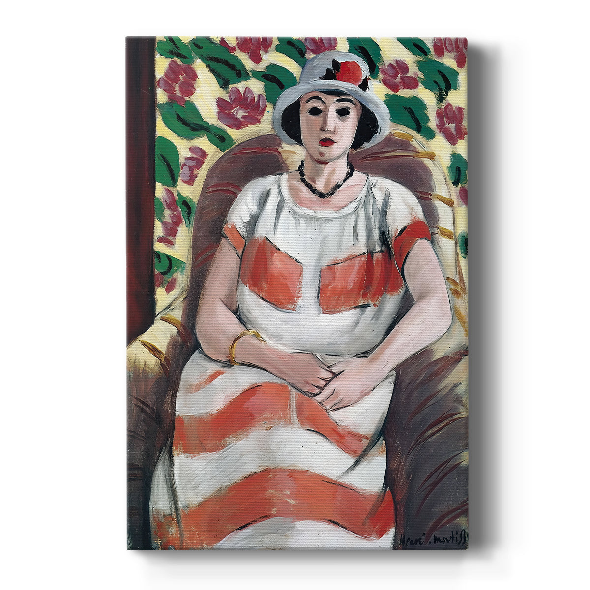 Canvas art print featuring an expressionist portrait of a woman in pink with soft features and bold tones on a clean white background.