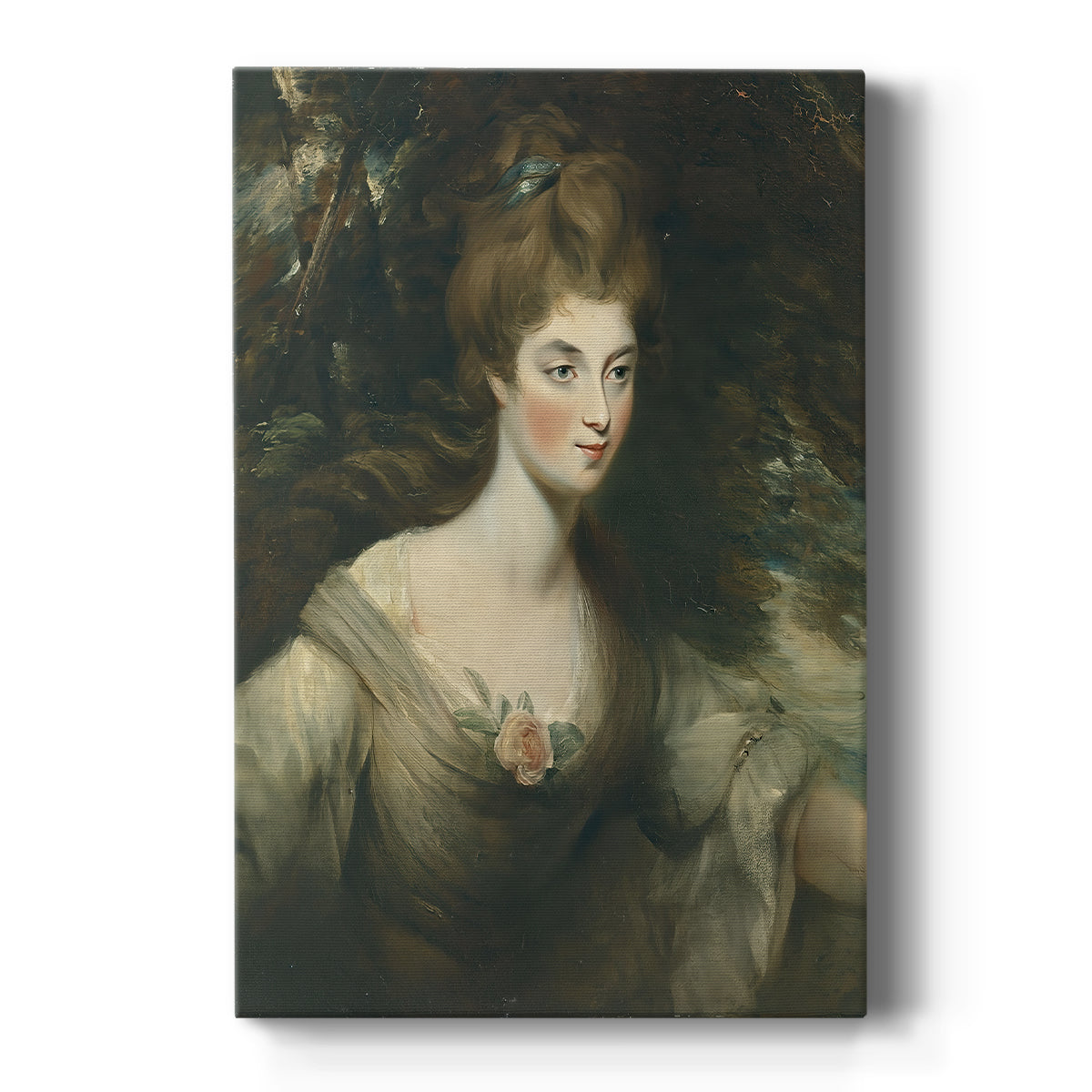 Canvas art print featuring a refined portrait of a woman in formal attire with soft lighting on a clean white background.