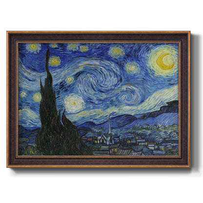 Iconic night sky landscape painting by Vincent van Gogh printed on canvas in an ornate bronzed mahogany wood frame.