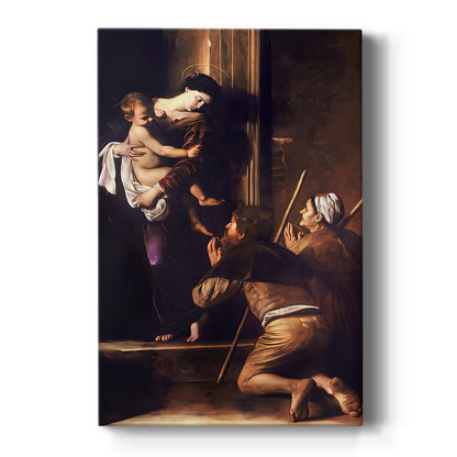 Canvas art print featuring a Baroque scene of the Madonna with pilgrims in a dim interior setting on a clean white background.
