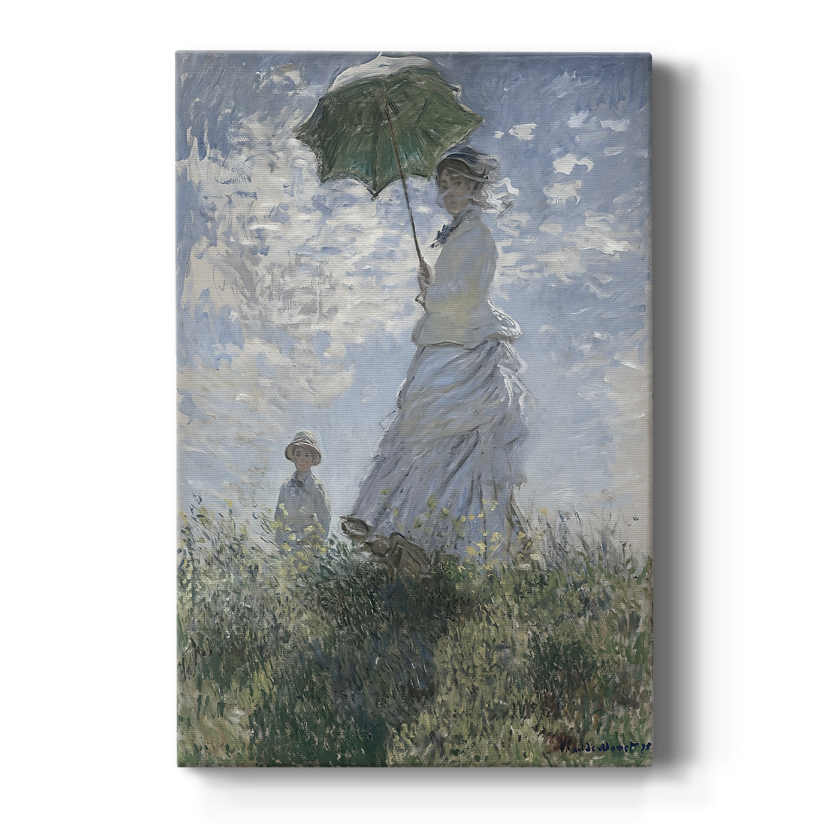 Canvas art print featuring an impressionist scene of a woman with a parasol standing in a breezy field on a clean white background.