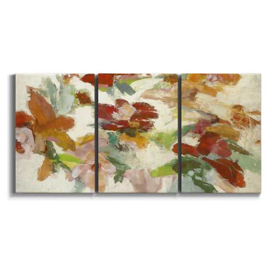 Three-panel canvas wall art featuring layered floral botanical impressions on white background.