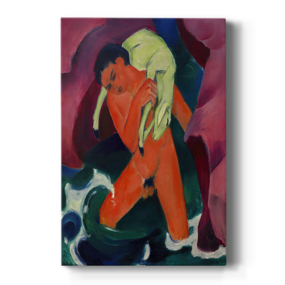 Canvas art print featuring an expressionist scene of a boy with a lamb in simplified colorful forms on a clean white background.