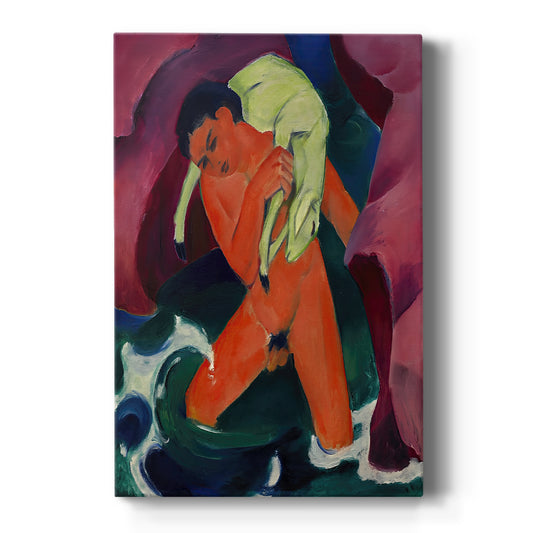 Canvas art print featuring an expressionist scene of a boy with a lamb in simplified colorful forms on a clean white background.