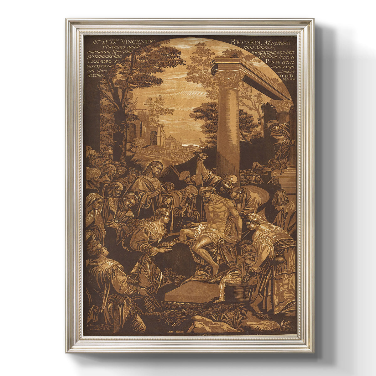 Monochrome religious painting of the raising of Lazarus by Leandro Bassano printed on canvas in an ornate champagne frame with a vertical orientation.