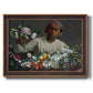 Traditional portrait of a woman holding peonies by Frédéric Bazille printed on canvas in an ornate bronzed mahogany wood frame.