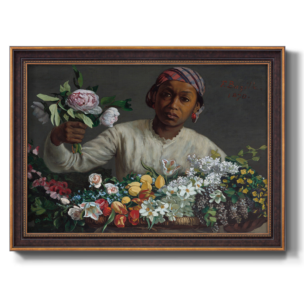 Traditional portrait of a woman holding peonies by Frédéric Bazille printed on canvas in an ornate bronzed mahogany wood frame.