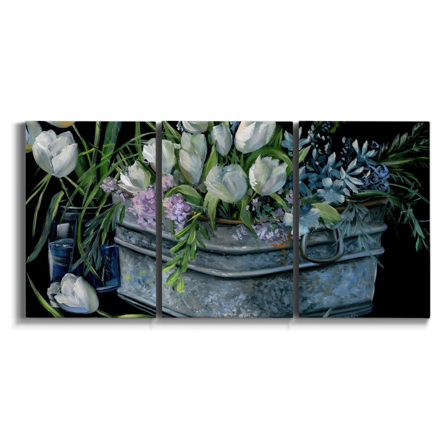 Three-panel canvas wall art featuring colorful wild tulips in bloom on white background.