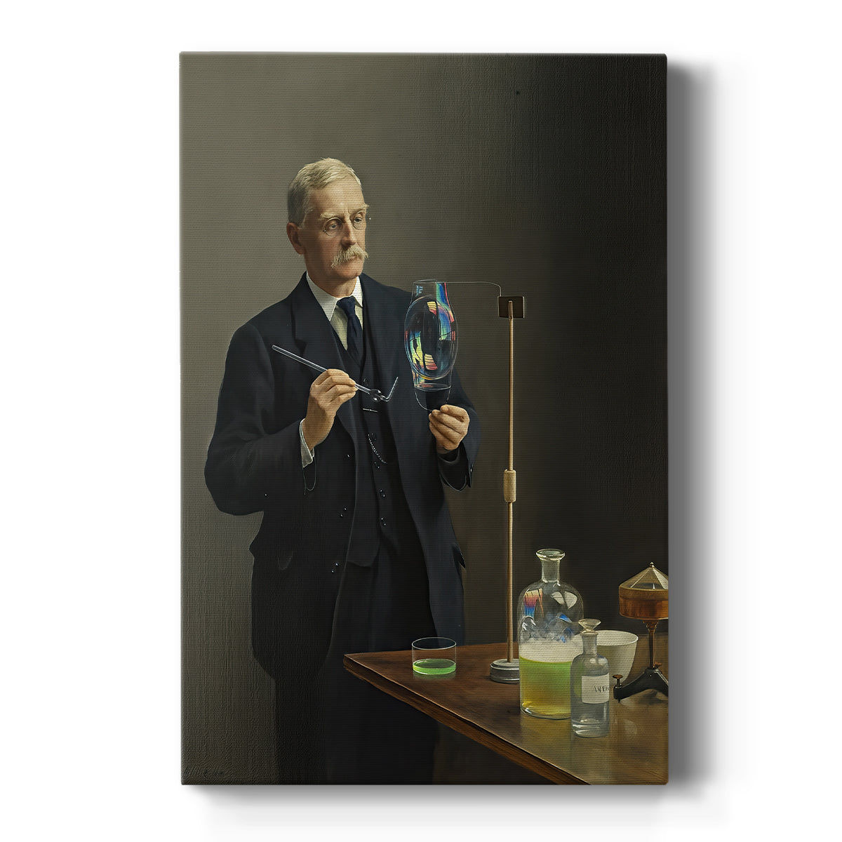 Canvas art print featuring a formal portrait of a seated man in dark attire with soft lighting on a clean white background.