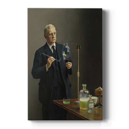 Canvas art print featuring a formal portrait of a seated man in dark attire with soft lighting on a clean white background.