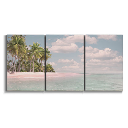 Three-panel canvas wall art featuring tropical sand dunes with palms on white background.