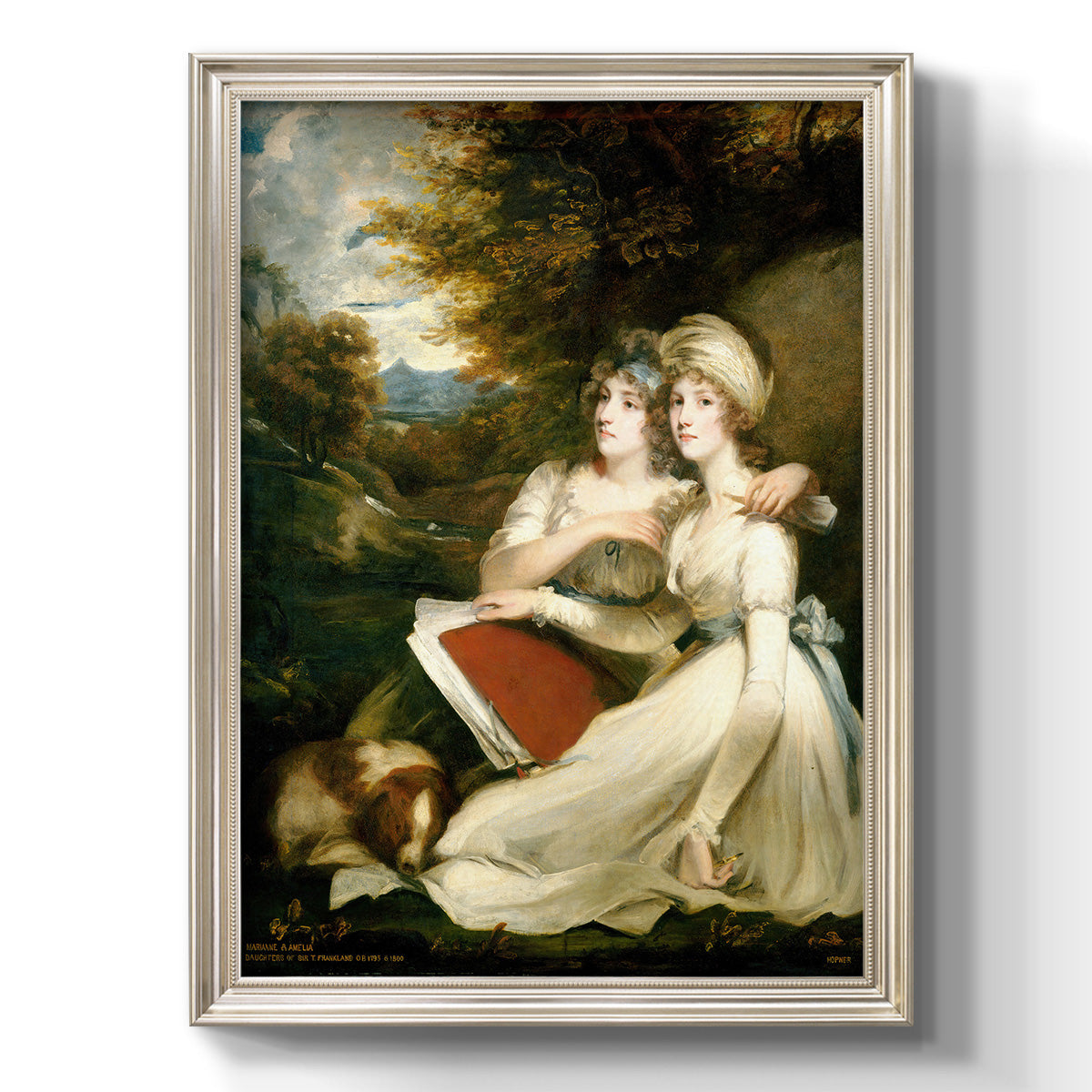 Classical portrait of the Frankland sisters by John Hoppner printed on canvas in an ornate champagne frame with a vertical orientation.