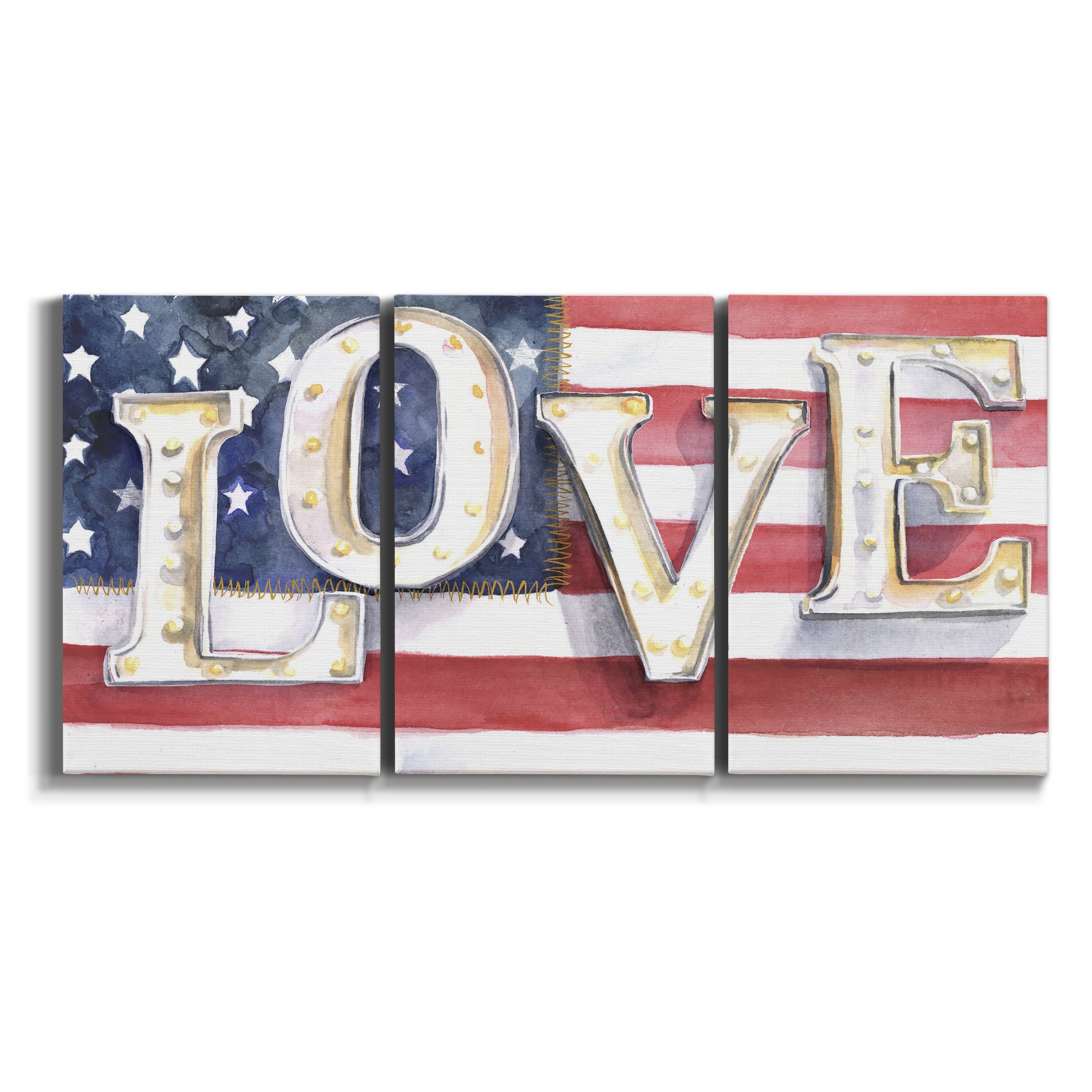 Three-panel canvas wall art featuring patriotic rustic typography art on white background.