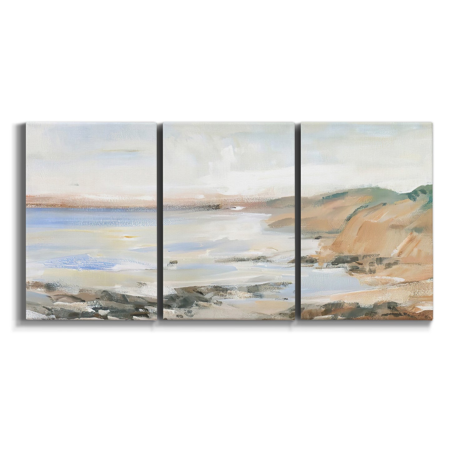 Three-panel canvas wall art featuring coastal shoreline landscape study on white background.