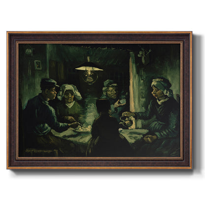 Early expressive study of peasant figures by Vincent van Gogh printed on canvas in an ornate bronzed mahogany wood frame.