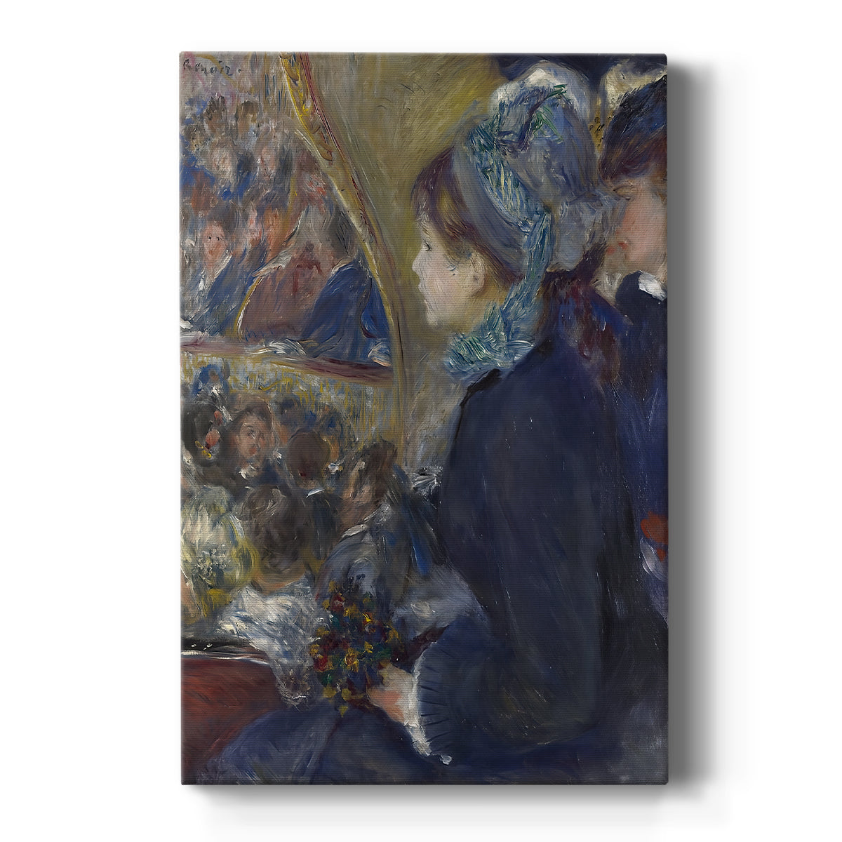 Canvas art print featuring an impressionist scene of a young woman at the theater with elegant attire on a clean white background.