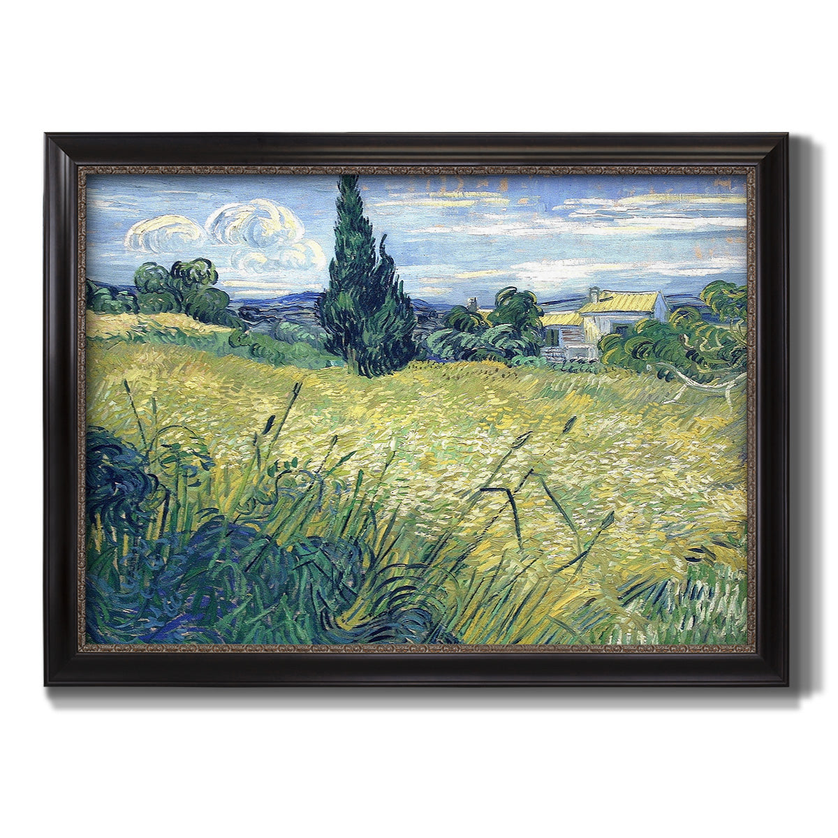Green Wheat Field with Cypress - Ornate Framed Canvas Print
