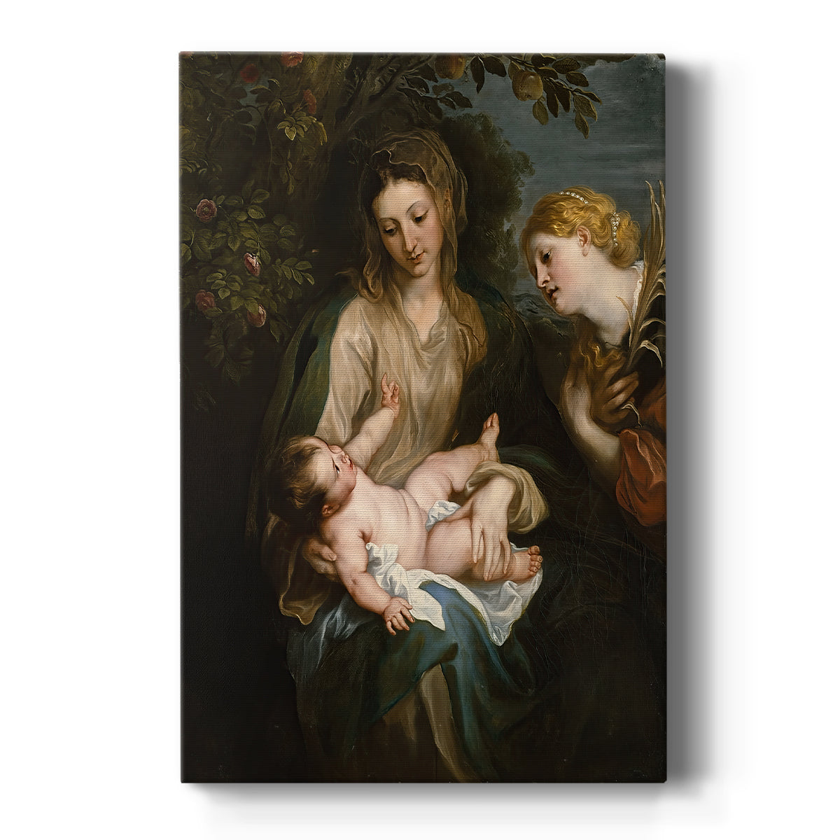 Canvas art print featuring a Baroque religious scene of the Virgin and Child with Saint Catherine on a clean white background.