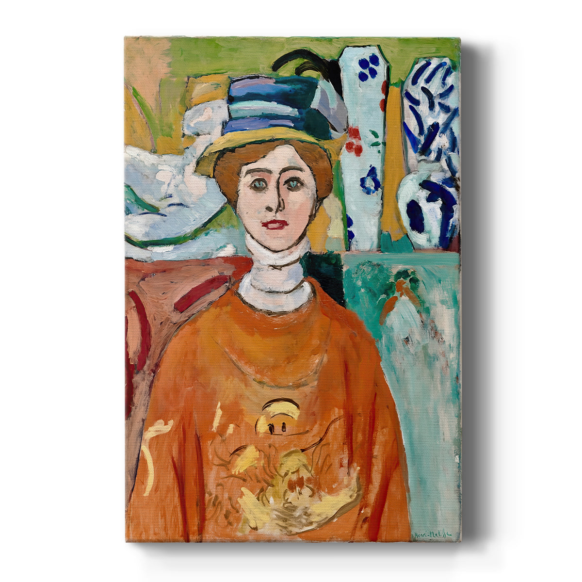 Canvas art print featuring a fauvist portrait of a girl with green eyes and bold expressive color on a clean white background.